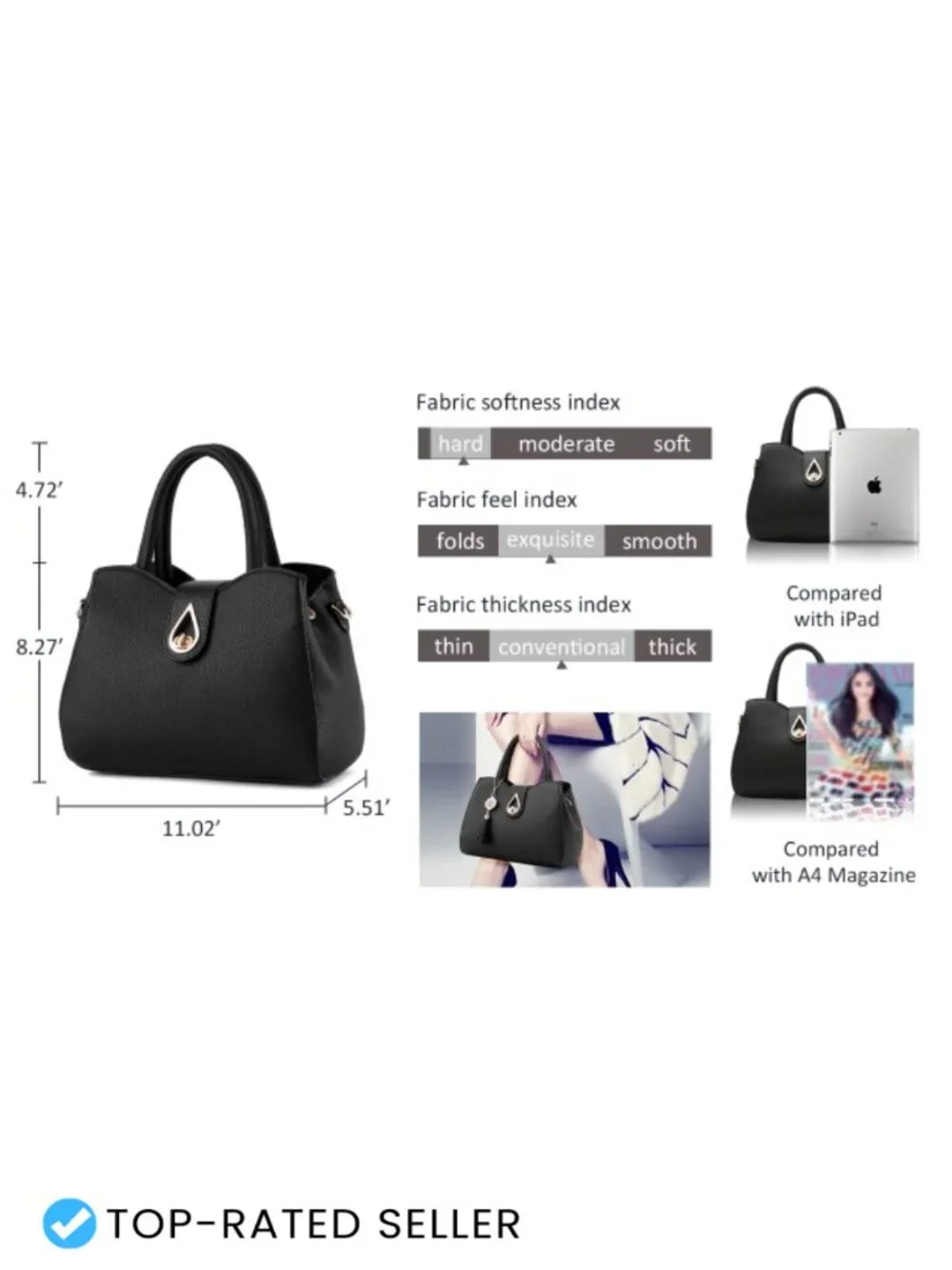 PU Leather Satchel Handbag Women Structured Top Handle Shoulder Tote Detachable